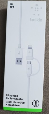 BELKIN MICRO-USB CABLE + ADAPTER 3 FT MADE FOR iPOD, iPhone, iPad White
