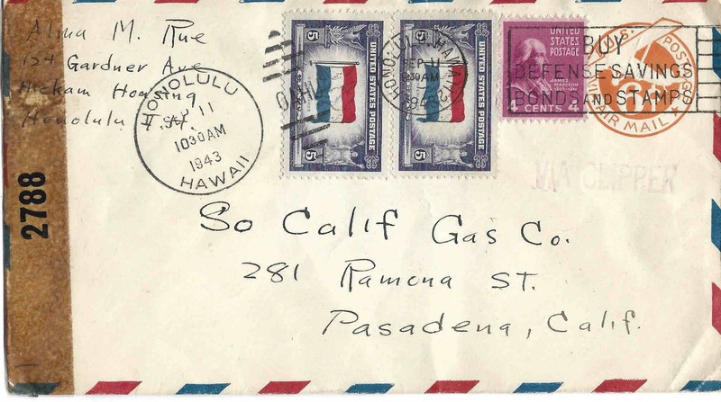 1943 WWII Examined Hickam Housing (Honolulu Hawaii) Airmail Envelope