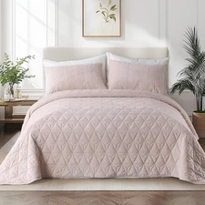 Oversized King - Velvet Quilt Set 3-Piece Rose Pink Bedspread w/ 2 Pillow Shams