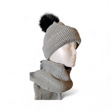 Matching Beanie Scarf Set With Black Faux Fur Pom