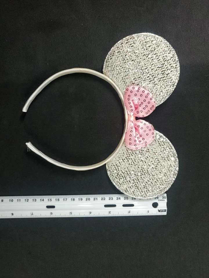 Sparkly Silver Minnie Mouse Ears Alice Band Hair Headband Pink Sequin Bow - Image 2 of 4