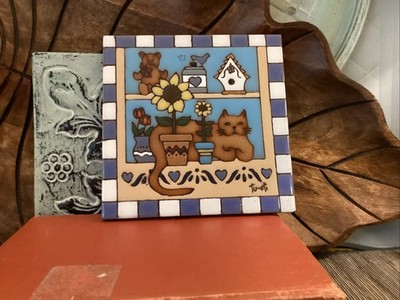 Earthtones Ceramic Tile Trivet Cat Flowers 1990 Signed Tu-oti Kitty Window Heart