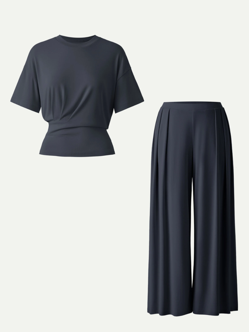 2Pcs Set Crewneck Short Sleeve Tee & Mid Rise Pleated Wide Leg Pant with Pockets