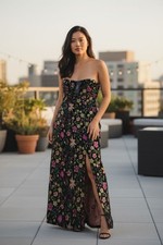 Lulus Midi Dress Women Medium Make a Move Black Satin Floral Jacquard Strapless