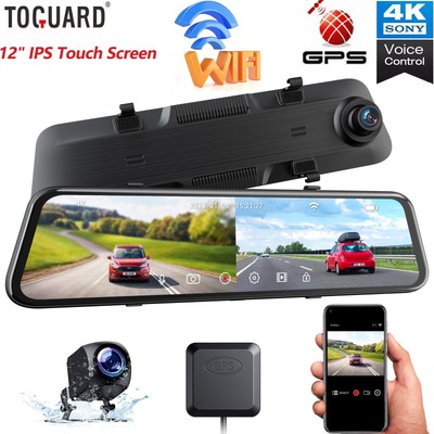 TOGUARD 12'' Mirror Dash Cam 4K Front Rear Dual Dash Camera Wifi GPS Touch Screen