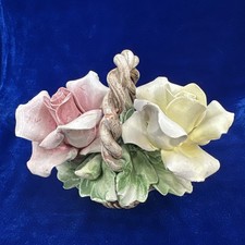 Vintage N Capodimonte Two Rose Flower Basket Pale Yellow Pale Pink Exce