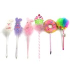 Lot of 6 Multicolor Decorative Bunny Cupcake Donut Puff Ball Pens w/ Fur Glitter