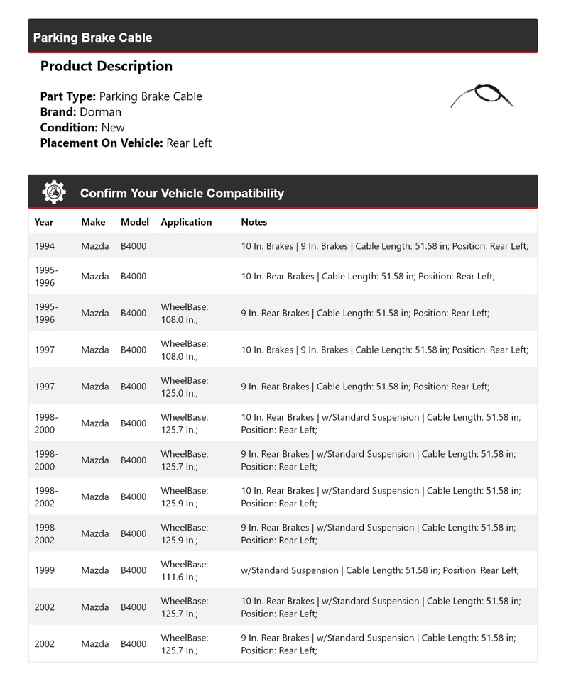 Cable de freno de estacionamiento trasero izquierdo para Mazda B4000 Dorman 1994-2002 1995 1996 1997 Foto 2 de 4