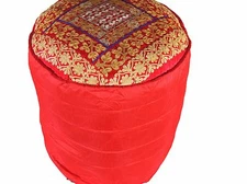 Red Round Gold Zari Pouf Cover Floor Seat Living Room Ottoman Slipcover 18"