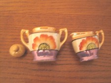 ANTIQUE CHILD'S MINIATURE TEA SET HAND PAINTED SUGAR BOWL  CREAMER: JAPAN:1930s