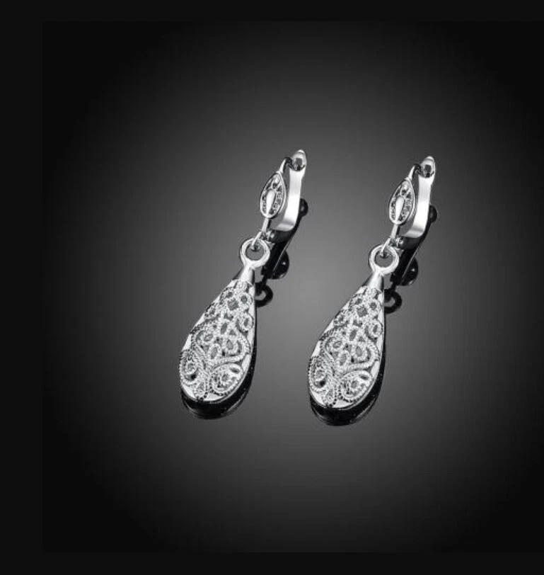 Stunning White Gold 18K Filled Elegant Women Filigree Drop  — 第 3/4 张图片