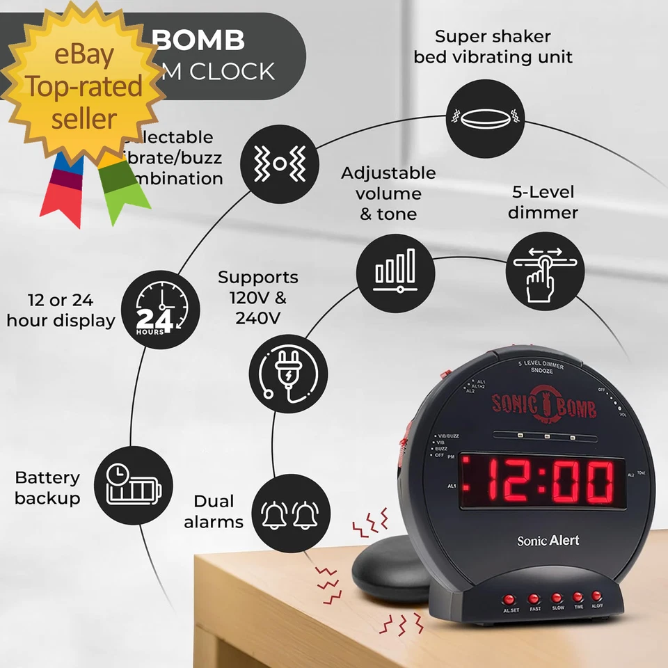 Sonic Bomb Dual Extra Loud Alarm Clock with Bed Shaker Black Vibrating Heavy - Image 4 of 4