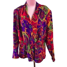 Vtg 90s Doncaster Jacket Size 20 Bold Floral Paisley Silky Wrap Front Blazer