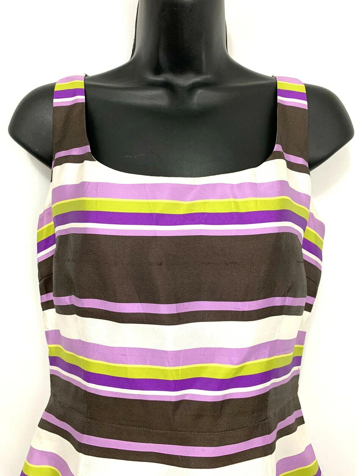 Abito Kate Spade 6 seta MARTIE a righe senza maniche viola marrone foderato tubino