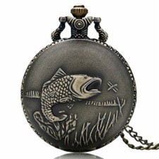 Vintage Fishing Quartz Pocket Watch Chain Antique Retro Necklace Pendant Gift