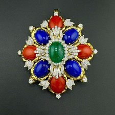 EMERALD / LAPIS / CORAL & 8.82CTW ROUND DIAMOND PIN / PENDANT - 18K YG & PLAT