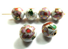 6 Pcs  Vintage CLOISONNE BEADS  WHITE  GOLD  10mm Round  ENAMEL