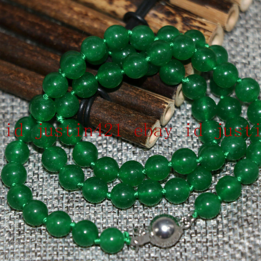 36-Inch Natural Green Jade Beaded Necklace – Silver Plated, Handmade, 6-12mm Round Beads