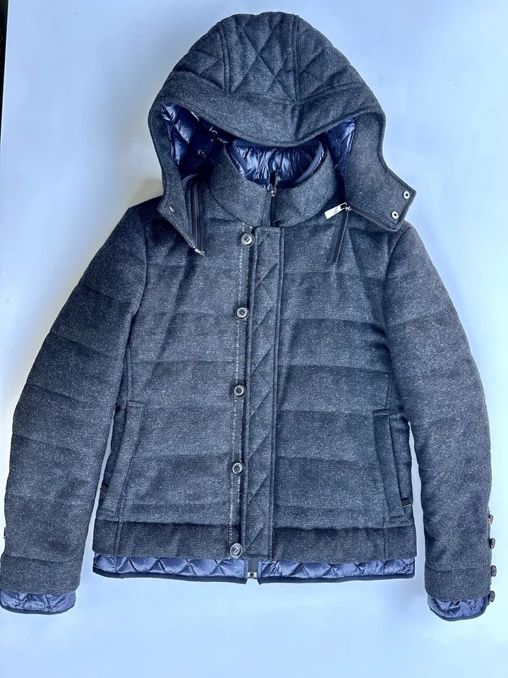 Armani Exchange Down Gray Wool Hooded Puffer Quilted Blue lining Man’s Jacket XS - Image 2 of 4