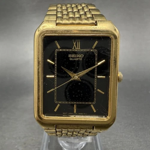 Seiko Tank Watch Men 26mm Black Dial Gold Tone Rectangle V701-5j09 New Battery I