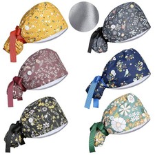 Satin Lined Ponytail Scrub Cap With Buttons Sweatband Tie Back Nurse Hat