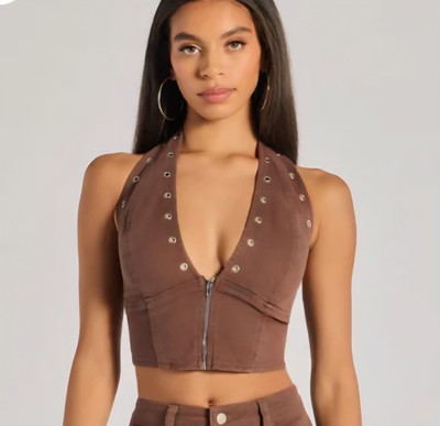 Windsor Absolute Edge Halter Grommet Zip-Up Crop TopWomen's XS Olive Green NWT