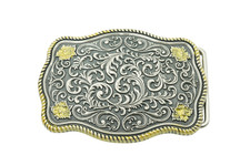 Western Gold/Silver Southwest Carved Flower Pattern Metal Belt Buckle