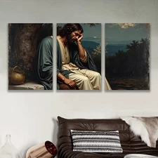 3pcs Frameless Canvas Art Set - Serene Man in Meditation, Nature Landscape, Idea