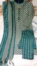 Bollywood Indian Green Printed Khadi Cotton Kurta Pant Dupatta Readymade Suit A6