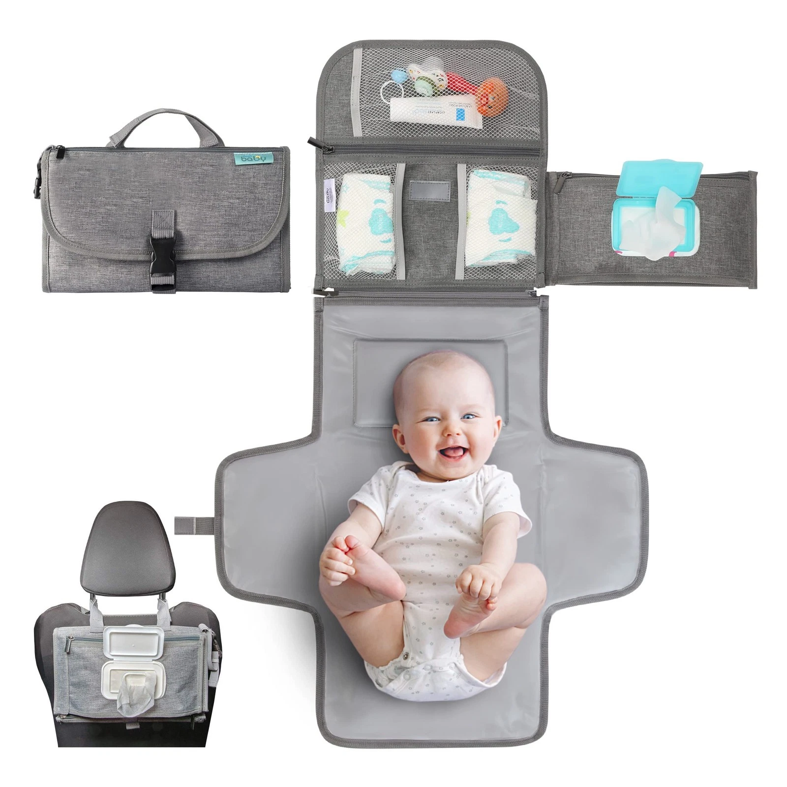 Portable Diaper Changing Pad Travel Bag Wipes Pocket Grey Premium Kopi Baby