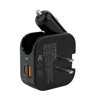 Wall & Car Charger Travel Charging Station, 36W Dual USB-& USB-A Fast Charger...