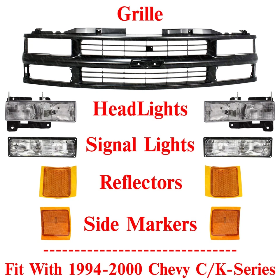 Передняя решетка окрашена в черный цвет + комплект фар для Chevrolet серии C/K 1994-2000 годов выпуска - Изображение 2 из 4