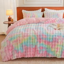 Faux Fur Duvet Cover Queen Size, 3 Pieces Ultra Soft Full/Queen 02-rainbow