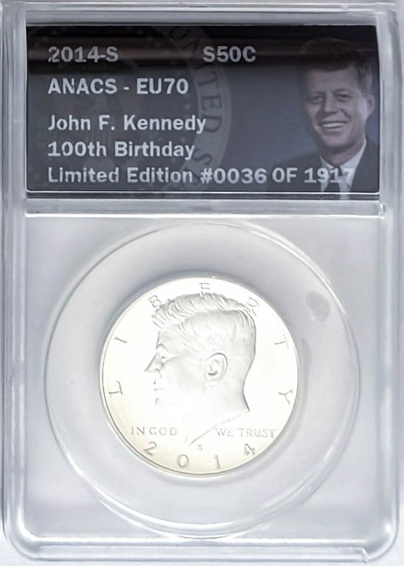 2014 S SILVER KENNEDY HALF DOLLAR 50C JFK 100TH BIRTHDAY LMITED EDIT ANACS EU70