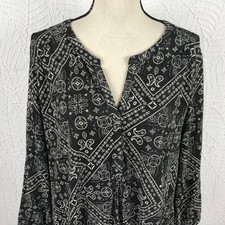 Lucky Brand Womens Tunic Top Shirt Size 1X Knit 3/4 Sleeve Black Print