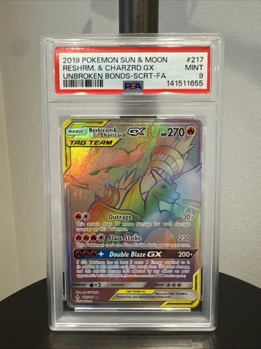2019 Pokémon Sun & Moons Unbroken Bonds Reshiram & Charizard Gx #217 PSA 9