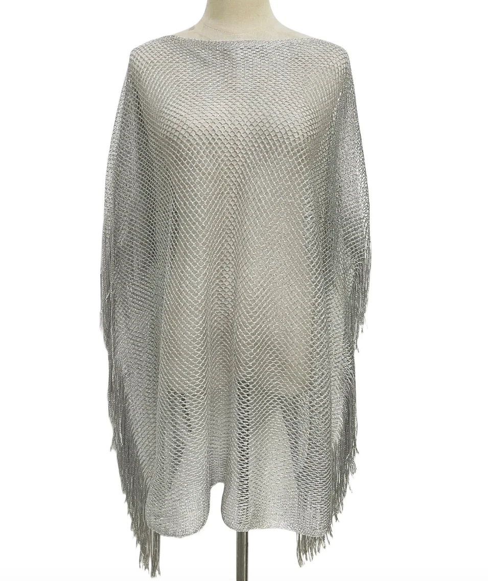 Grey Silver Tassel Metallic Knit Poncho Cover Up Swim Wear Beach Top