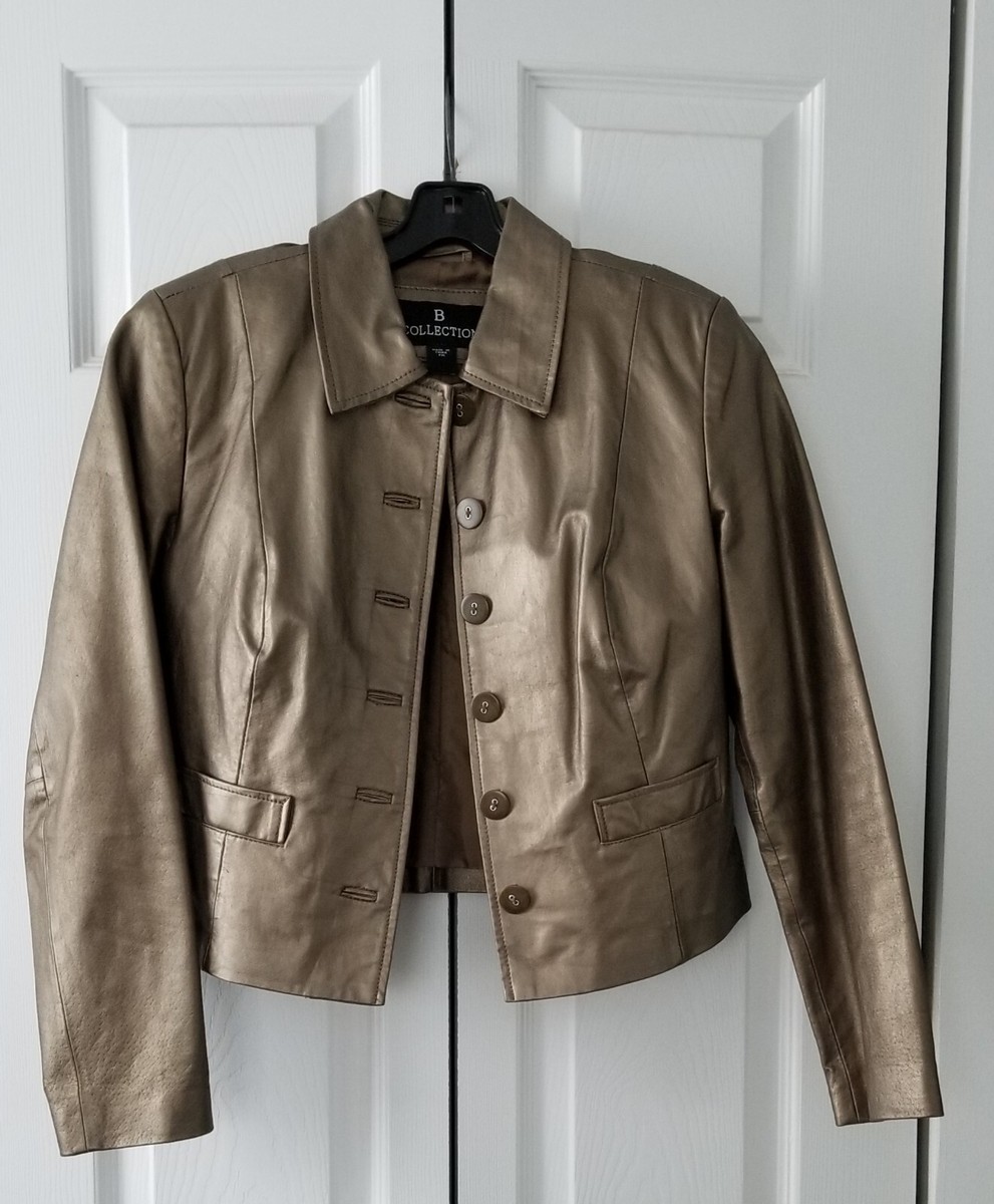 B Collection Genuine Leather Jacket Metallic Taupe Button