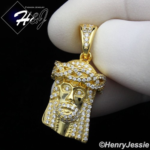 MEN 925 STERLING SILVER ICY CUBIC ZIRCONIA GOLD PLATED JESUS FACE ...