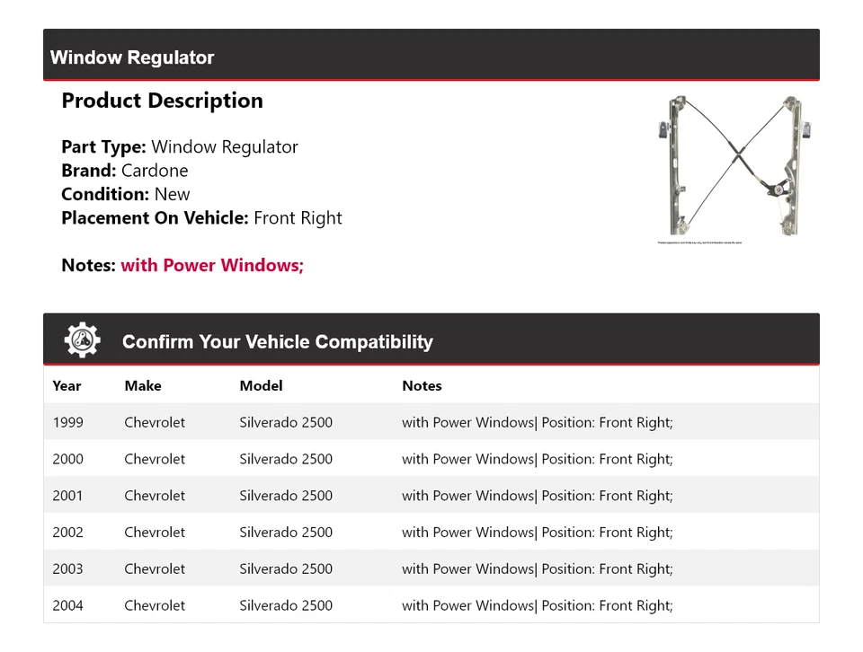 Regulador de ventana delantero derecho Cardone 2000 para Chevrolet Silverado 2500 1999-2004 Foto 2 de 4
