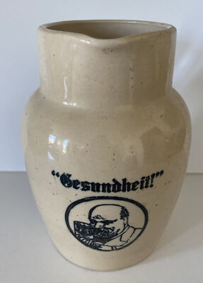 Gesundheit! Beer Ceramic Pottery Pitcher Jar Stoneware Pitcher 9  Tall Vintage