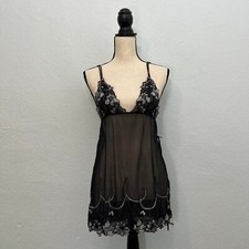 Victoria  s Secret mesh black floral embroidered lace chemise babydoll slip dress