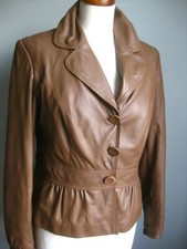 M&s Real Leather Jacket 14 12 Autograph Peplum Soft Smart Feminine Tan Soft