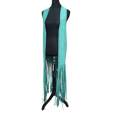 Crazy Train Duster Vest OS Teal Faux Suede Fringe Studded Open Front Long