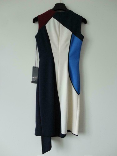 NUEVO CON ETIQUETAS ESCADA Vestido Dratta Azul Multi Lana Virgen Medianoche Cuello Redondo Sin Mangas 32 - Imagen 8 de 9
