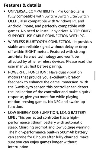 Wireless Controller For Nintendo Switch/Lite/OLED Dual Vibration Gyro Axis - Picture 8 of 9