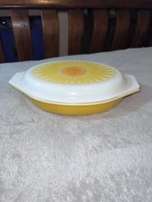 Vintage PYREX Sunflower Glass Casserole Two Compartments with Lid Made in USA