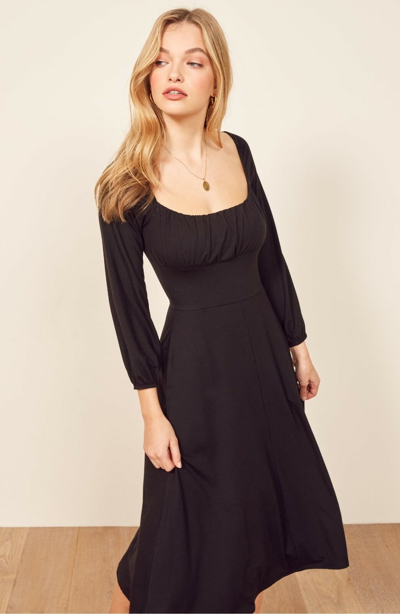 REFORMATION Jeans Black PIPPA Ruched Square Neck Midi Skirt