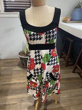 Voom Joy Han Black White Herringbone Floral Print Dress Contrast Tie Back M Vtg