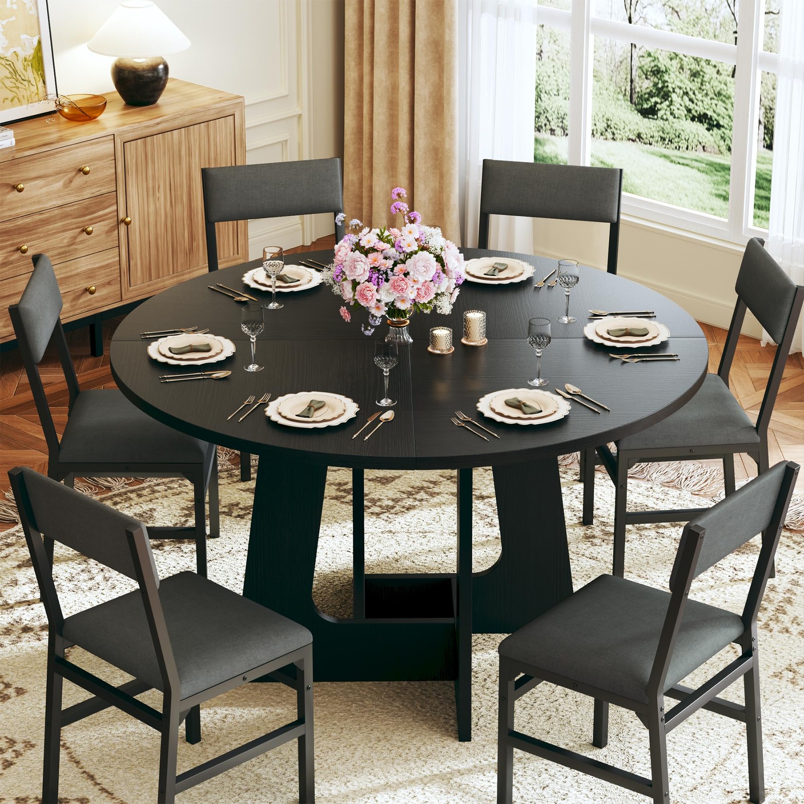 Round Dining Table Set for 6 7-Piece Kitchen Table and Chairs